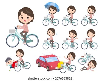 A set of middle women in pink jerseys riding a city cycle.It's vector art so easy to edit.
