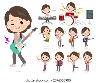A set of middle women in pink jerseys playing rock 'n' roll and pop music.It's vector art so easy to edit.
