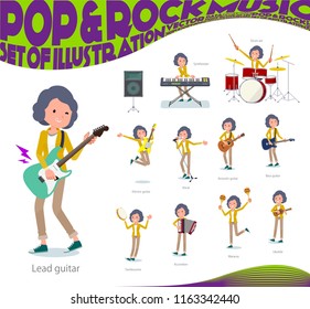 A set of middle women playing rock 'n' roll and pop music.There are also various instruments such as ukulele and tambourine.It's vector art so it's easy to edit.