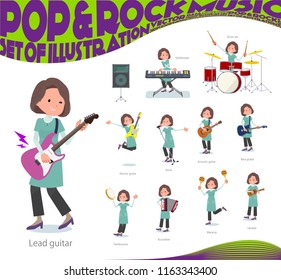 A set of middle women playing rock 'n' roll and pop music.There are also various instruments such as ukulele and tambourine.It's vector art so it's easy to edit.