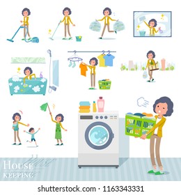 A set of middle women related to housekeeping such as cleaning and laundry.There are various actions such as child rearing.It's vector art so it's easy to edit.