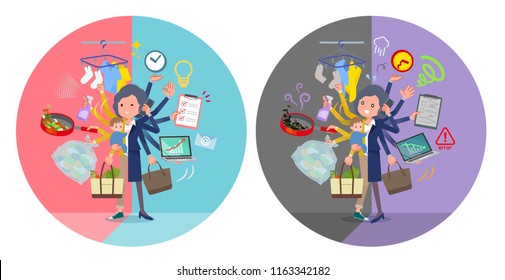 A set of middle women who perform multitasking in offices and private.There are things to do smoothly and a pattern that is in a panic.It's vector art so it's easy to edit.