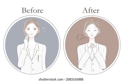 Set of middle-aged female doctors in need and middle-aged female doctors who are relieved.