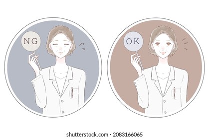 Set of middle-aged female doctors with OK and NG tags.