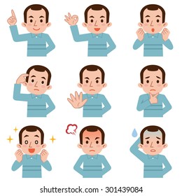 Set of middle-aged man facial expressions on white background