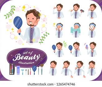 A set of Middle-aged man on beauty.There are various actions such as skin care and makeup.It's vector art so it's easy to edit.
