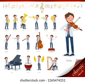 A set of Middle-aged man on classical music performances.There are actions to play various instruments such as string instruments and wind instruments.It's vector art so it's easy to edit.