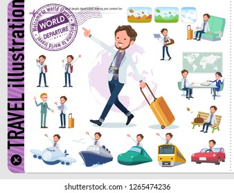 A set of Middle-aged man on travel.There are also vehicles such as boats and airplanes.It's vector art so it's easy to edit.