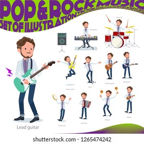 A set of Middle-aged man playing rock 'n' roll and pop music.There are also various instruments such as ukulele and tambourine.It's vector art so it's easy to edit.