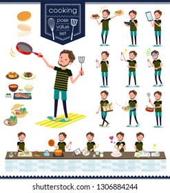 A set of Middle-aged man in sportswear about cooking.There are actions that are cooking in various ways in the kitchen.It's vector art so it's easy to edit.