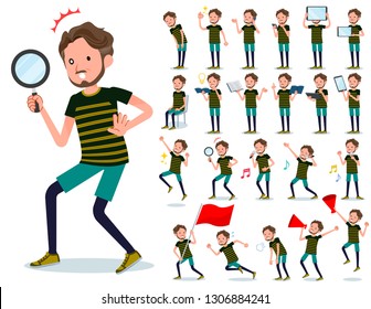 A set of Middle-aged man in sportswear with digital equipment such as smartphones.There are actions that express emotions.It's vector art so it's easy to edit.
