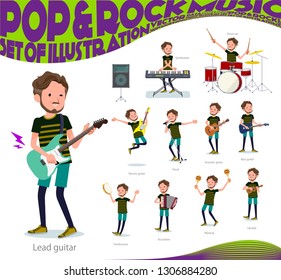 A set of Middle-aged man in sportswear playing rock 'n' roll and pop music.There are also various instruments such as ukulele and tambourine.It's vector art so it's easy to edit.