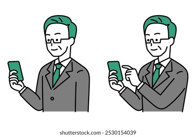Set of a middle-aged man in a suit looking at a smartphone screen and a middle-aged man in a suit operating a smartphone