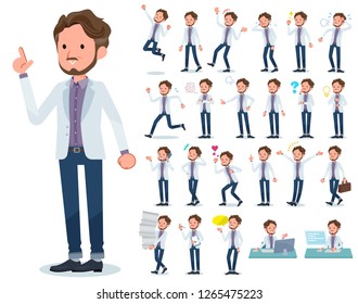 A set of Middle-aged man with who express various emotions.There are actions related to workplaces and personal computers.It's vector art so it's easy to edit.