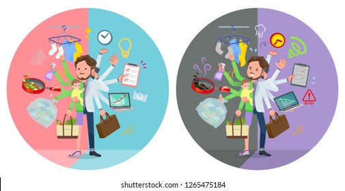 A set of Middle-aged man who perform multitasking in offices and private.There are things to do smoothly and a pattern that is in a panic.It's vector art so it's easy to edit.