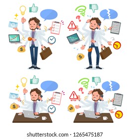 A set of Middle-aged man who perform multitasking in the office.There are things to do smoothly and a pattern that is in a panic.It's vector art so it's easy to edit.