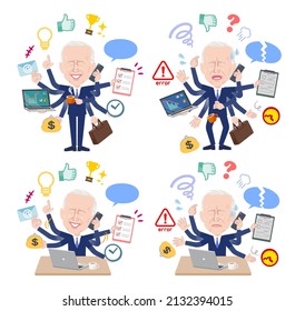 A set of Middle-aged man who perform multitasking in the office.It's vector art so easy to edit.