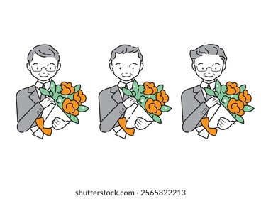 Set of middle-aged men holding bouquets