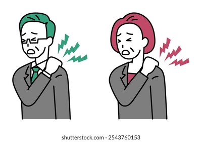 Set of middle-aged men and women in suits suffering from stiff shoulders