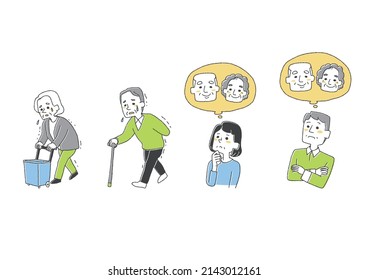 A set of middle-aged people who are worried about their parents and the elderly who are weakened. Comical handwritten people Vector, line drawing