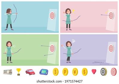 A set of middle-aged women in tunic aiming with a bow and arrow.It's vector art so easy to edit.
