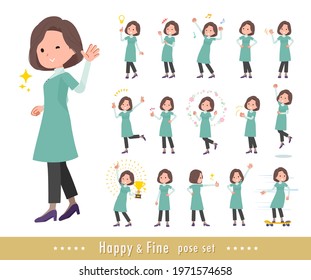 A set of middle-aged women in tunic in a cheerful pose.It's vector art so easy to edit.