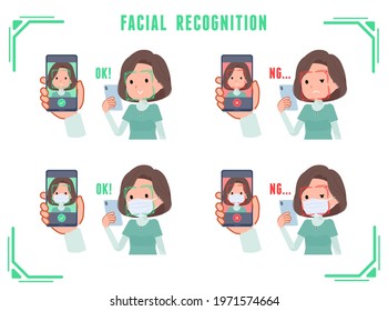 A set of middle-aged women in tunic doing facial recognition on their phones.It's vector art so easy to edit.