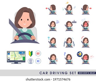 A set of middle-aged women in tunic driving a car(driving seat).It's vector art so easy to edit.