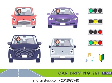 A set of middle-aged women in tunic driving a car(front).It's vector art so easy to edit.