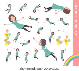 A set of middle-aged women in tunic floating in the air.It's vector art so easy to edit.