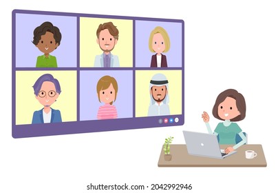 A set of middle-aged women in tunic having an online meeting with multiple people. perspective angle.It's vector art so easy to edit.