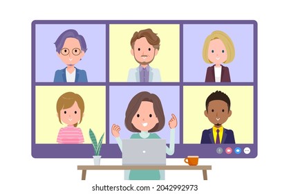 A set of middle-aged women in tunic having an online meeting with multiple people. Front angle.It's vector art so easy to edit.