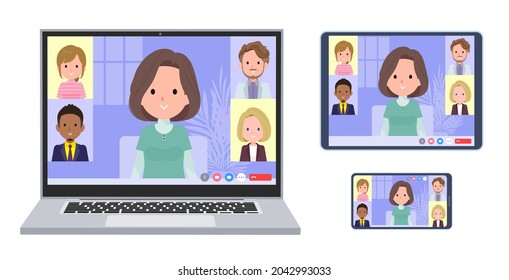 A set of middle-aged women in tunic having an online meeting. A set of laptop, tablet and smartphone.It's vector art so easy to edit.