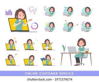 A set of middle-aged women in tunic serving customers online.It's vector art so easy to edit.