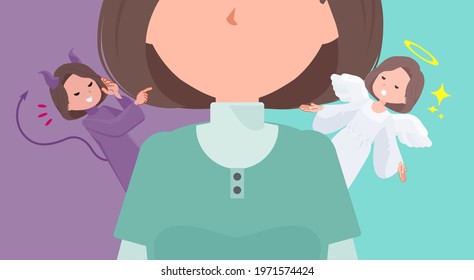 A set of middle-aged women in tunic struggling between an angel and a devil.It's vector art so easy to edit.