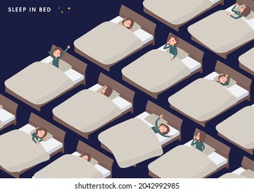 A set of middle-aged women in tunic in various poses sleeping in bed.It's vector art so easy to edit.