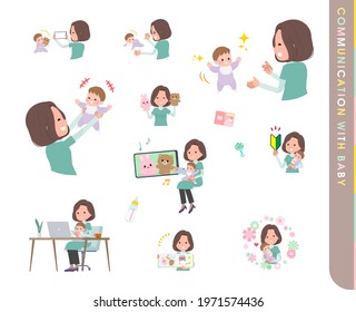 A set of middle-aged women in tunic who communicate with their baby.It's vector art so easy to edit.