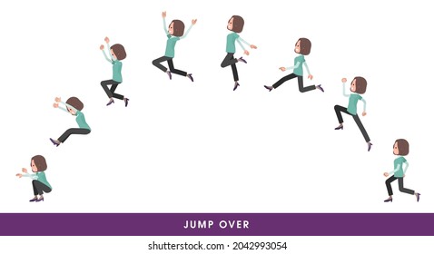 A set of middle-aged women in tunic who jump over big.It's vector art so easy to edit.