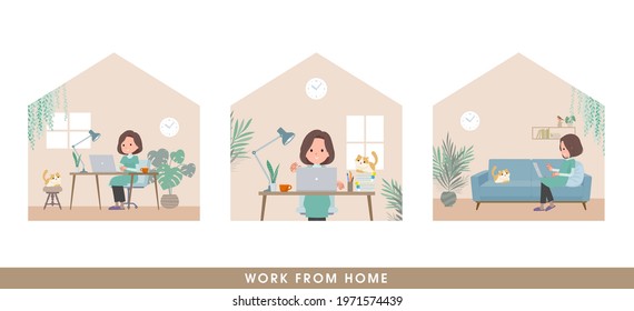 A set of middle-aged women in tunic working from home. It's vector art so easy to edit.