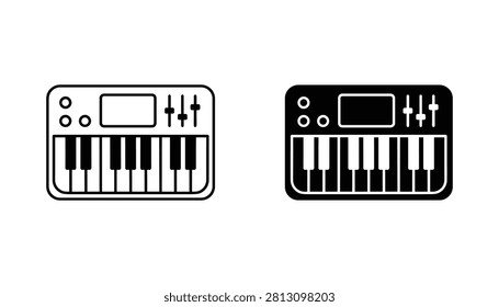 A set of MIDI keyboard controller vector icons designed for professional music production interfaces, presented in both outline and solid black styles for digital projects.