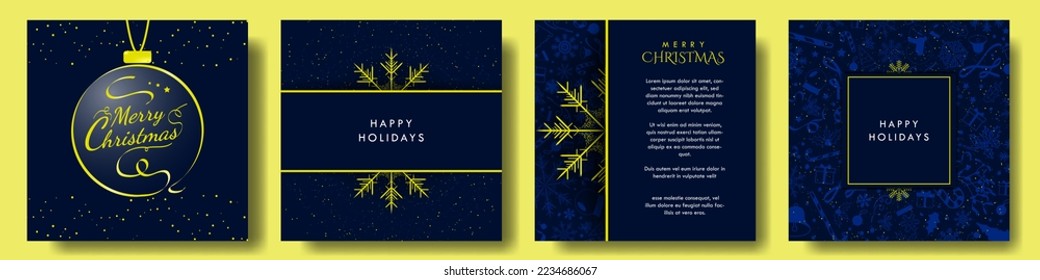 Set of Midnight Blue and Yellow Christmas Template Designs. Beautiful Monochromatic Christmas Backgrounds with blue soft Christmas element patterns. Editable Vector Illustration. EPS 10.