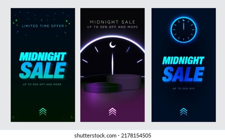 Set of Midnight Sale Poster and Social Media 1080x1920 Templates.  3D rendering of empty podium with neon clock. Up to 50% off and more tagline and Swipe Up Icon CTA on bottom. Editable Vector. EPS 10 - Shutterstock ID 2178154505