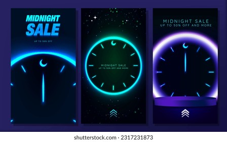 Set of Midnight Sale Poster and Social Media Story Templates. 3D rendering of empty podium with neon clock. Up to 50% off and more tagline and Swipe Up Icon CTA on bottom. Vector. EPS 10
