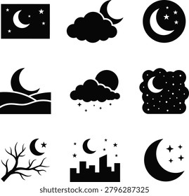 Set of midnight weather icons and night time landscape silhouettes for web and mobile application interface design.