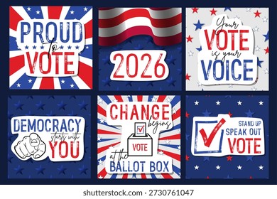 Set of Midterm Vote 2026 square banners with hand drawn motivational quotes. Brush, marker drawn text. Election and importance of voting concept. Perfect for political campaigns and promotions