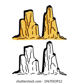 Set of Midwestern mountains. Element of steppe and desert. Nature and rocks. Big brown stones. American landscape. Cartoon illustration