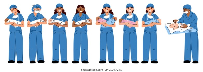 A set of midwives in blue uniforms with children. Nurses, a doctor. Medical uniform. A collection of various midwives in uniform, in a medical mask and without full-length is highlighted on a white