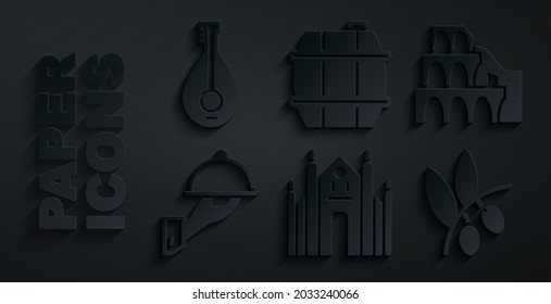Set Milan Cathedral, Coliseum in Rome, Covered with tray of food, Olives branch, Barrel for wine and Mandolin icon. Vector