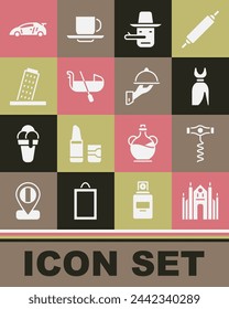 Set Milan Cathedral, Wine corkscrew, Woman dress, Pinocchio, Gondola, Tower Pisa, Sport racing car and Covered with tray of food icon. Vector