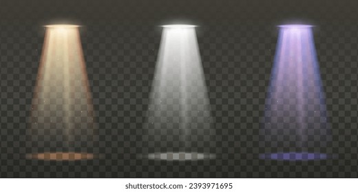 Set of mild, cold and purple spotlight. Lamp beam, illuminated stage, shiny decoration. Ray projection, show spot. Isolated on transparent background. Vector illustration